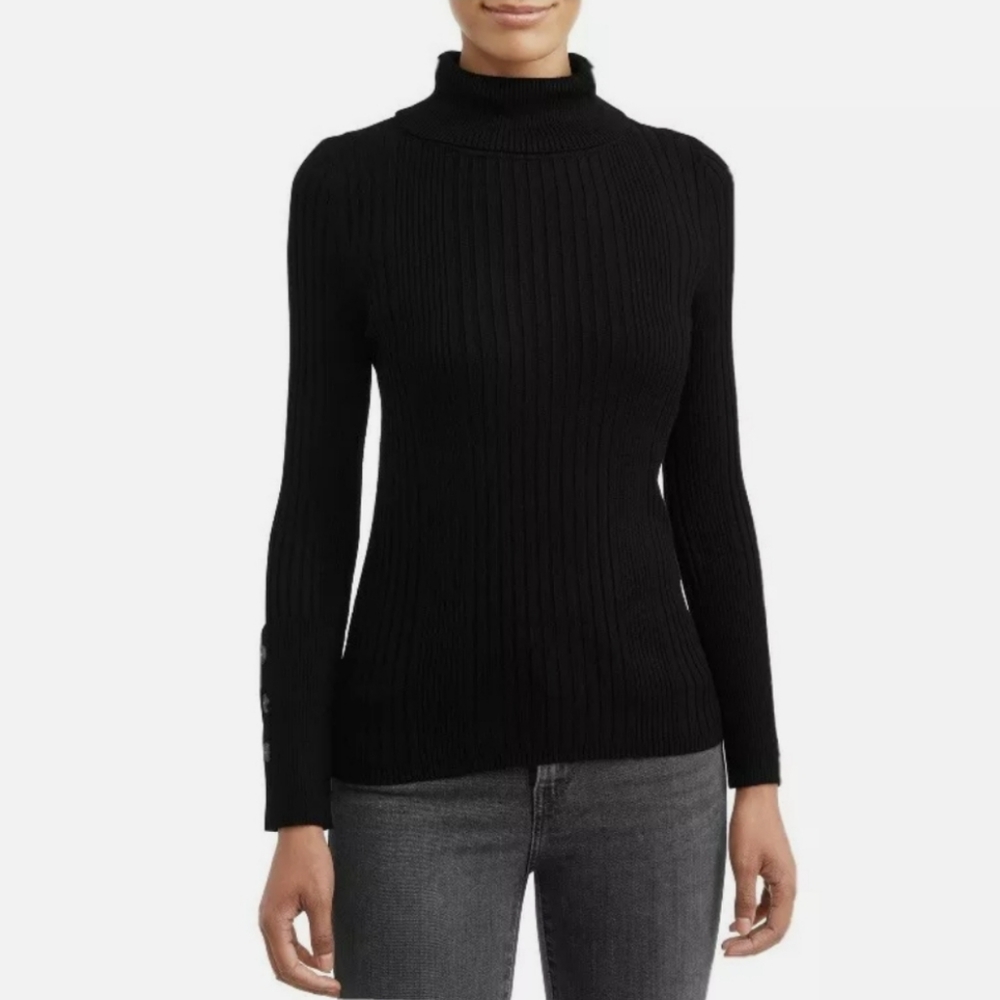 Button cuffs, Black, ribbed turtleneck sweater